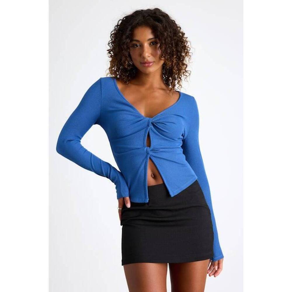 Lulus Lumirah Blue Ribbed Knot-front Cutout Long Sleeve Top - Size S